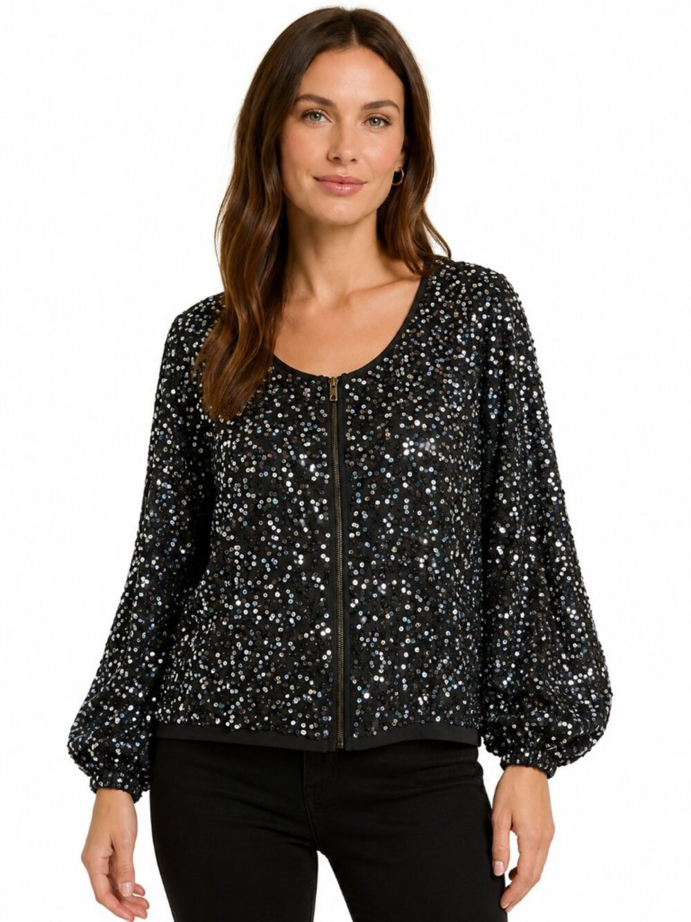 Sparkle & Fade Black Sequin Zip Up Jacket Size Large